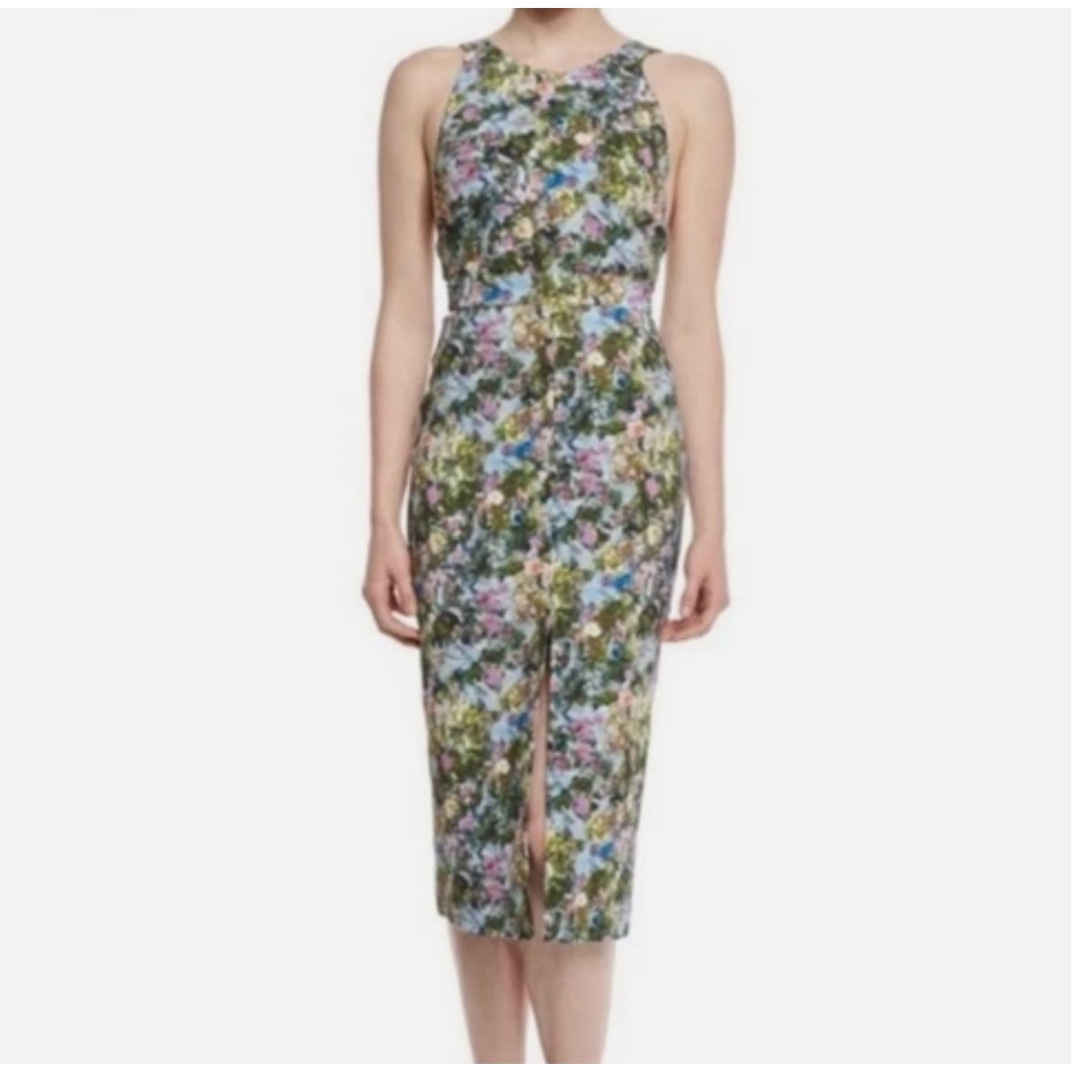 Cushnie Et Ochs Floral Print Midi Length Open Back Wiggle Green Dress Size 0