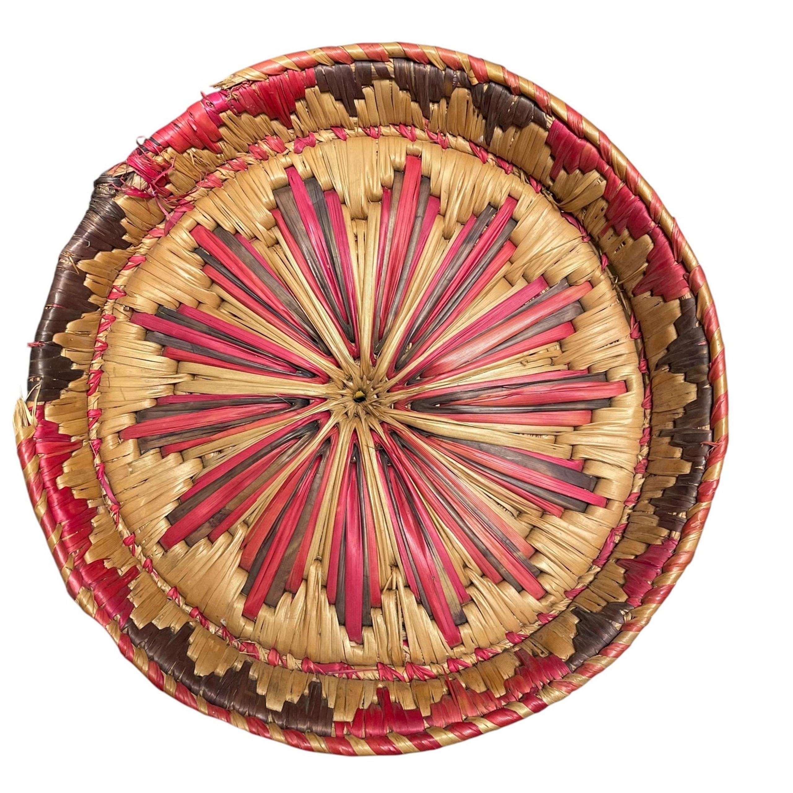 Vintage Woven Raffia Wall Basket Hanging Straw Colorful Boho Round FLAW READ