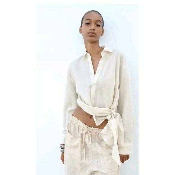 ZARA WOMEN ASYMMETRIC LINEN SHIRT ECRU 4432/019 Size