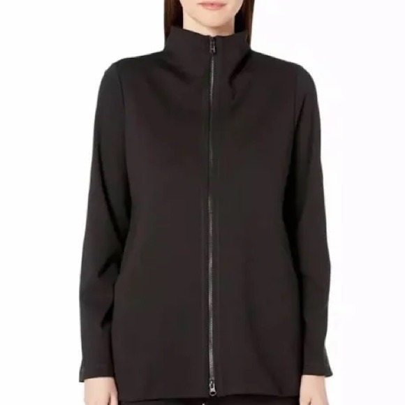Eileen Fisher Black Ponte Knit Jacket Full Zip Front Pockets Excellent Size XL