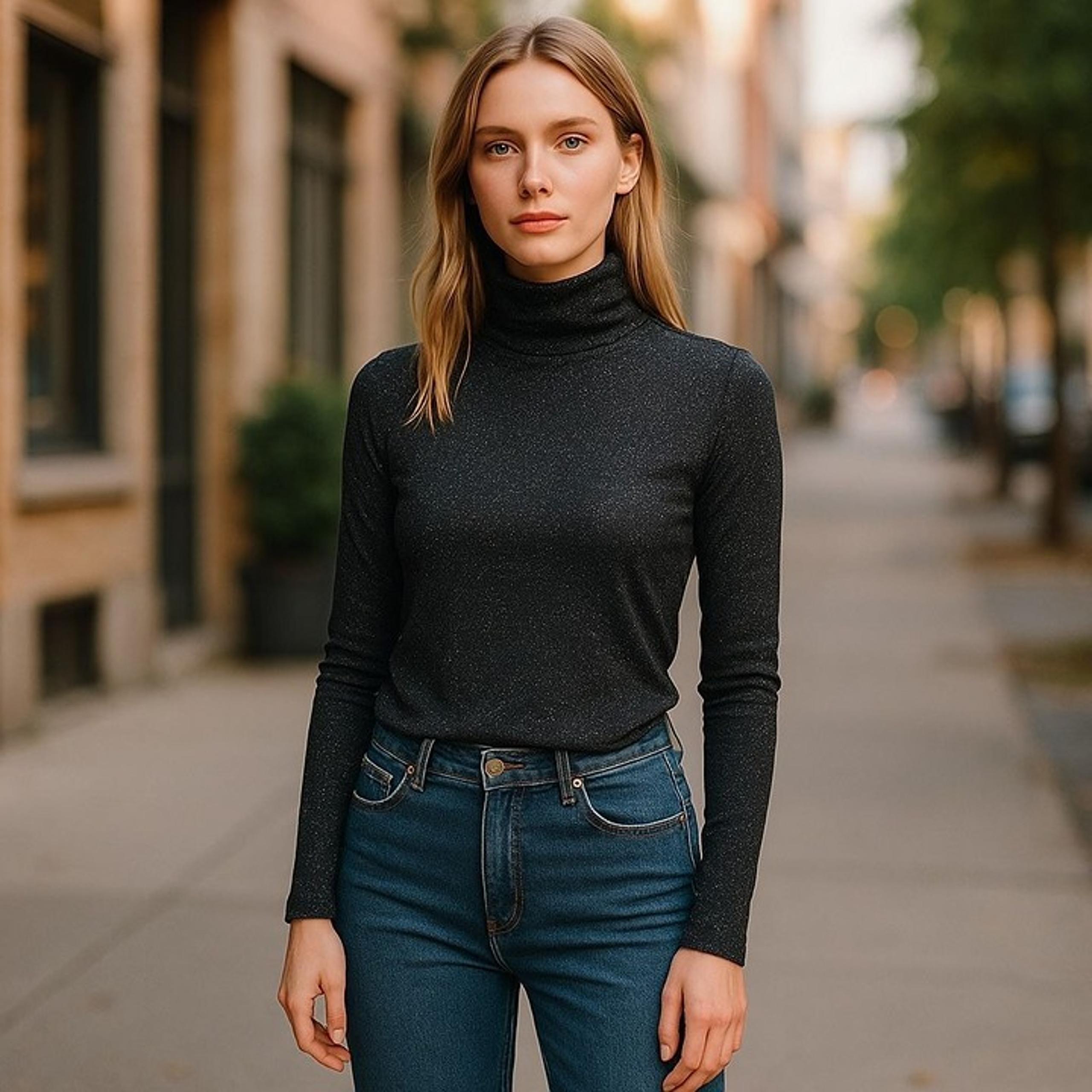 H&M Black Glitter Long-Sleeve Turtleneck Top Womens S Basic elegant Black Blouse