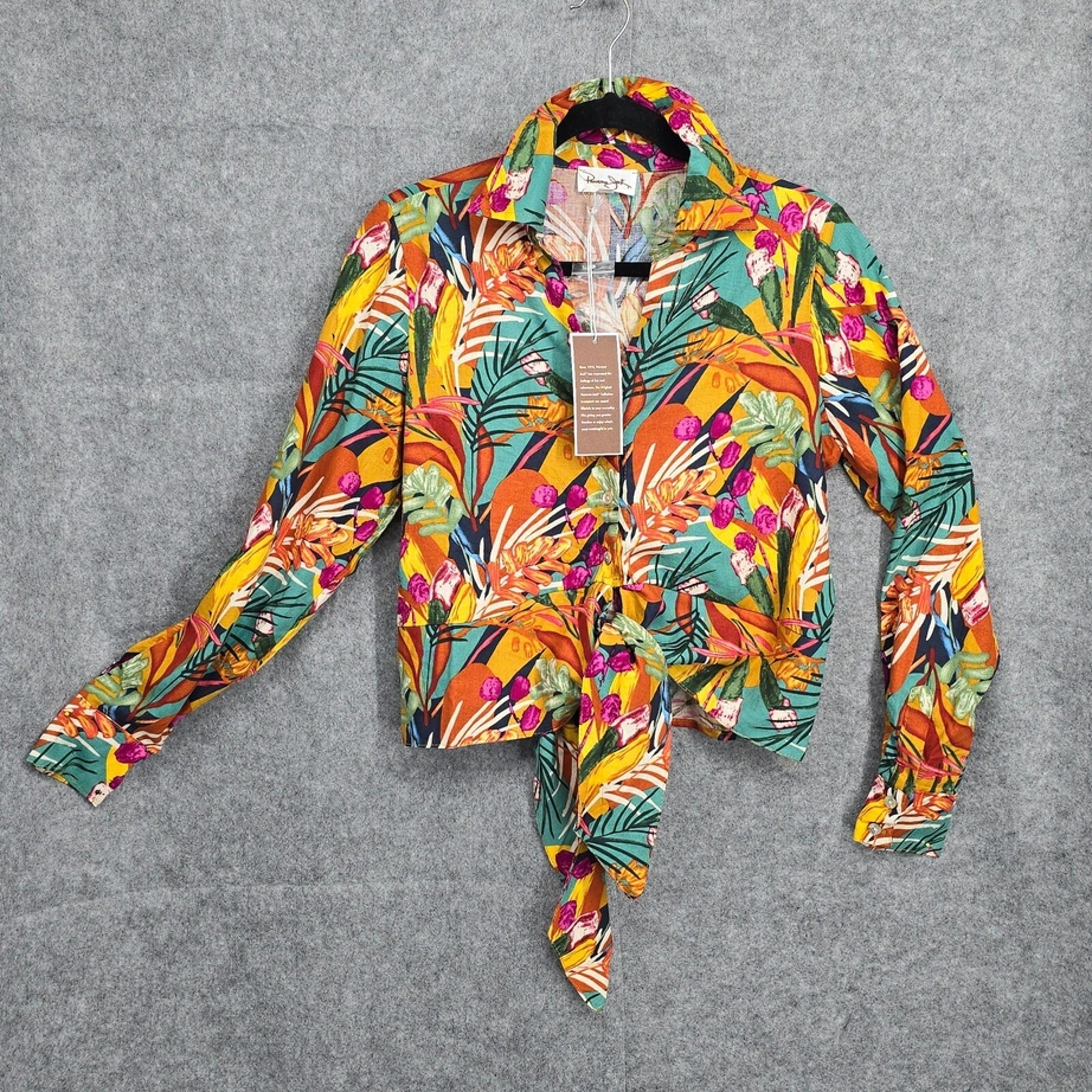 Panama Jack Woman Crop Tie Top Small Linen Blend Floral Print Long Sleeve BOHO