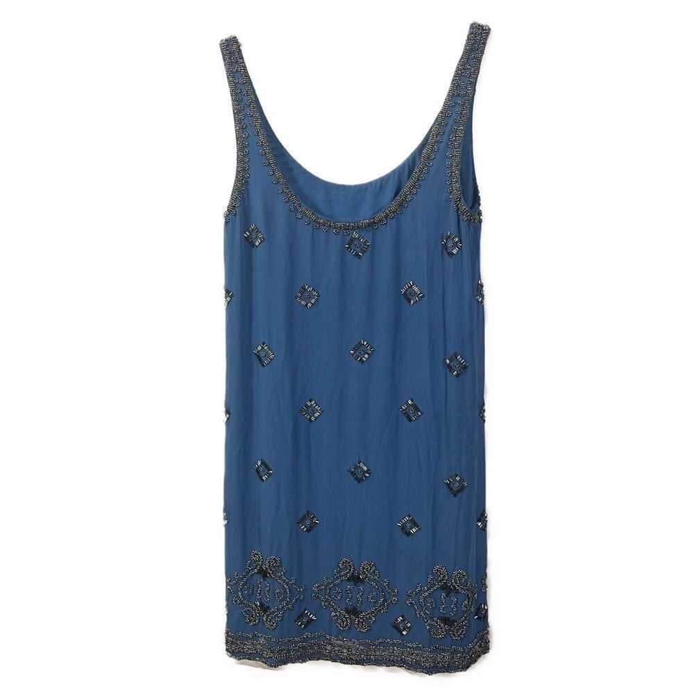 Vintage Women's 100% Silk Blue Embroidered Sleeveless Mini Dress- Size Small