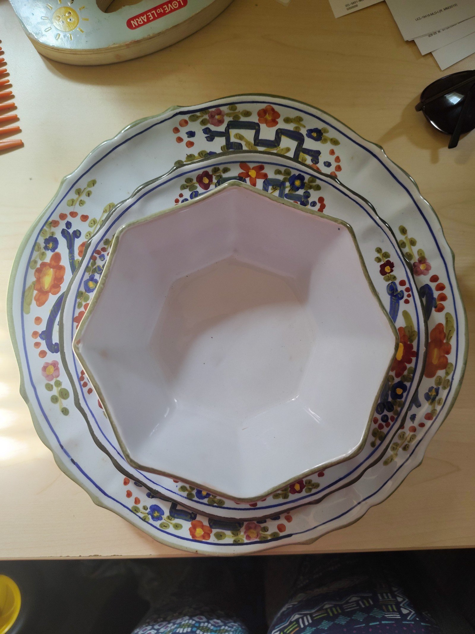 Italy Blue Carnation Scalloped Pedestal Bowls and plate set