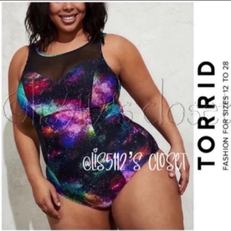 Torrid Galaxy Mesh Scoop Neck Wireless One Piece Active Swimsuit 1X 14 16