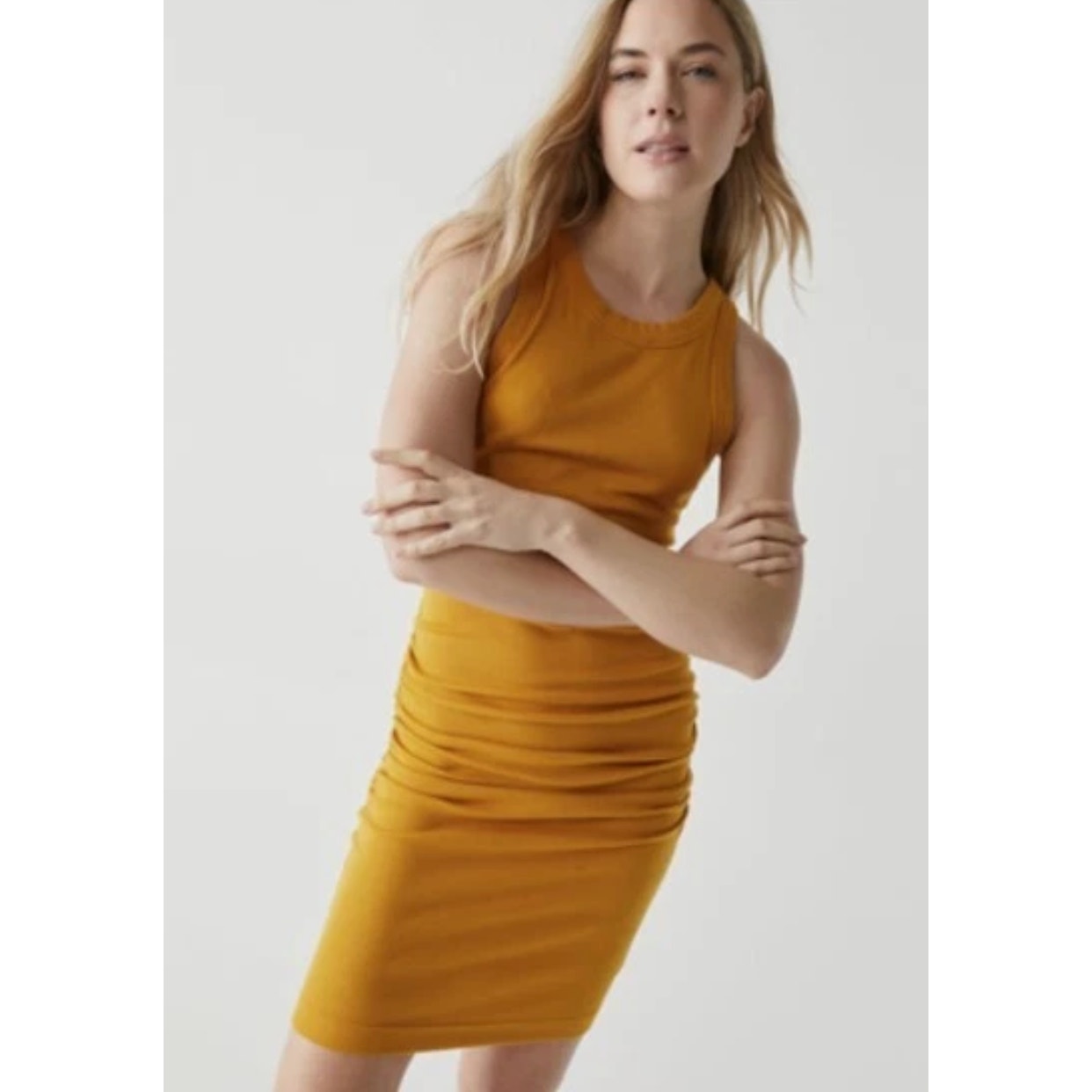 Michael Stars Ribbed Dress M MP PM Yellow Turmeric Ruch Tank NWT Sheath Resort
