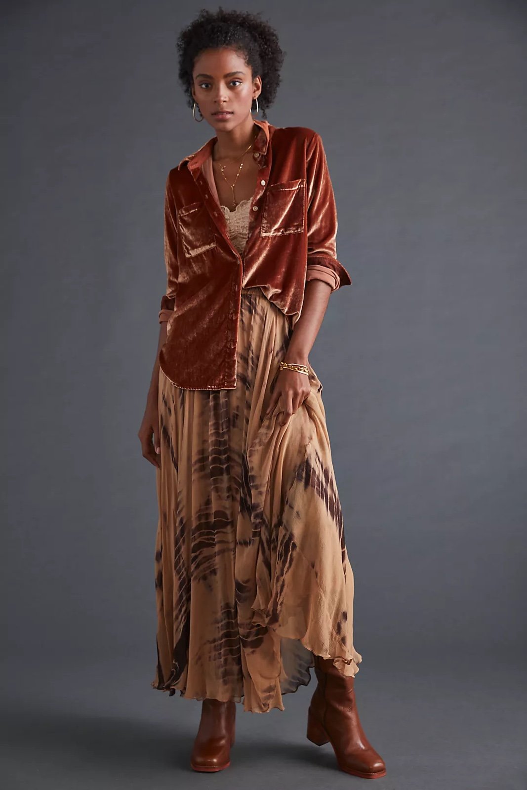 Pilcro Anthropologie Classic Crushed Velvet Buttondown Shirt Women’s Rust Boho