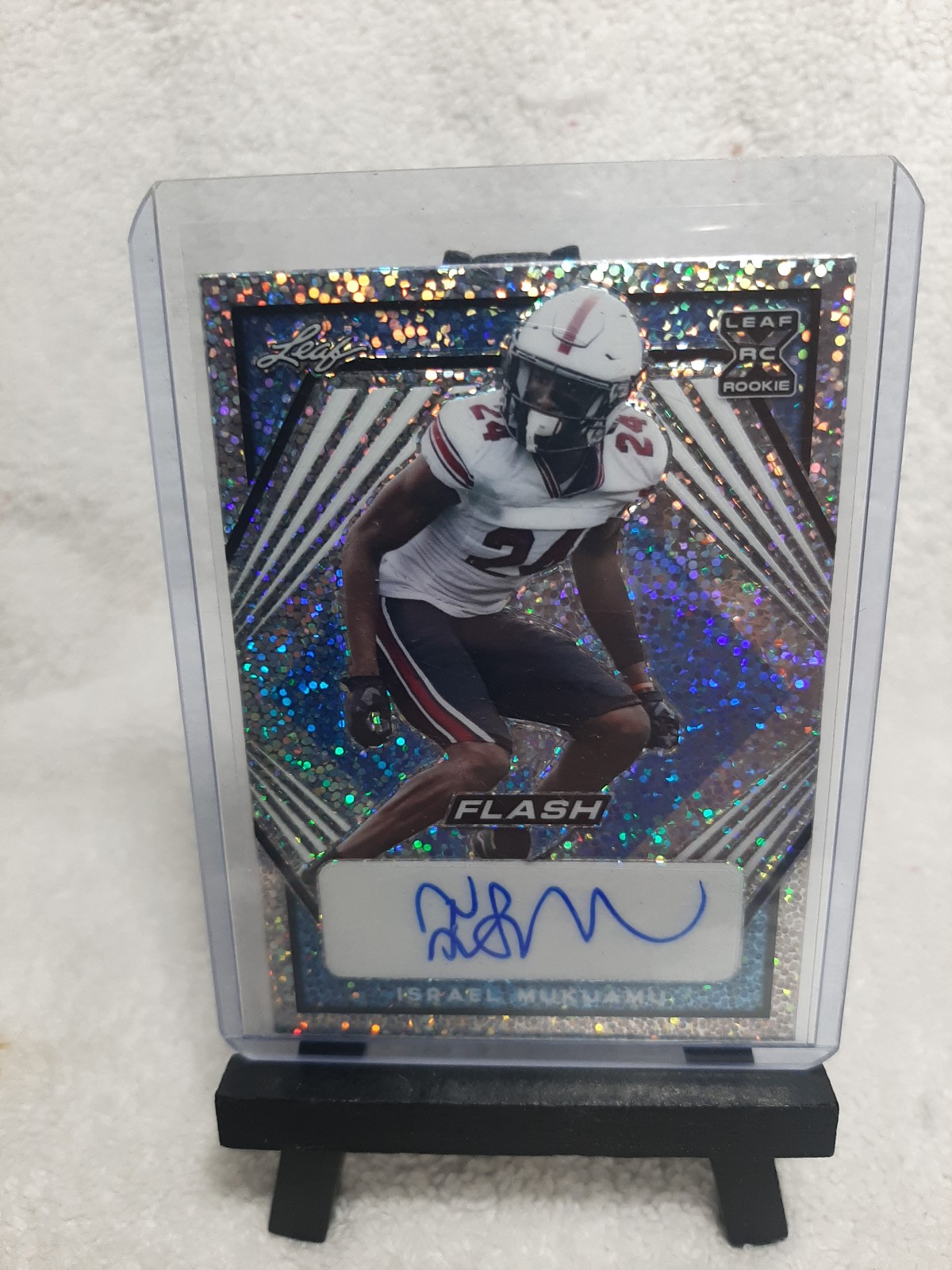 Israel Mukuamu 2021 Leaf Flash Football Blue Sparkle SP AUTO
