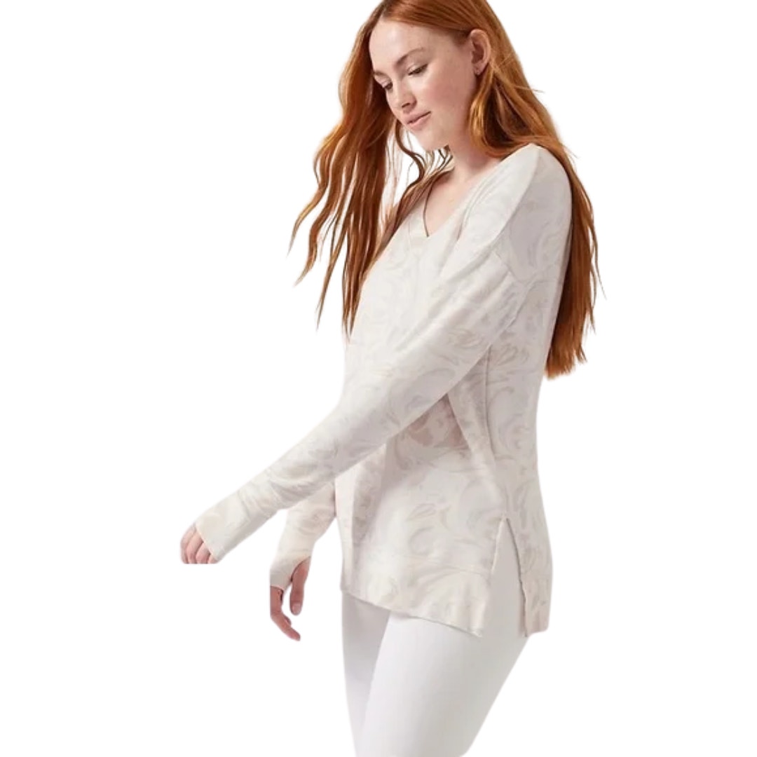 Athleta Coaster Luxe V-Neck Sweatshirt Agate Paisley Cream White Size Medium