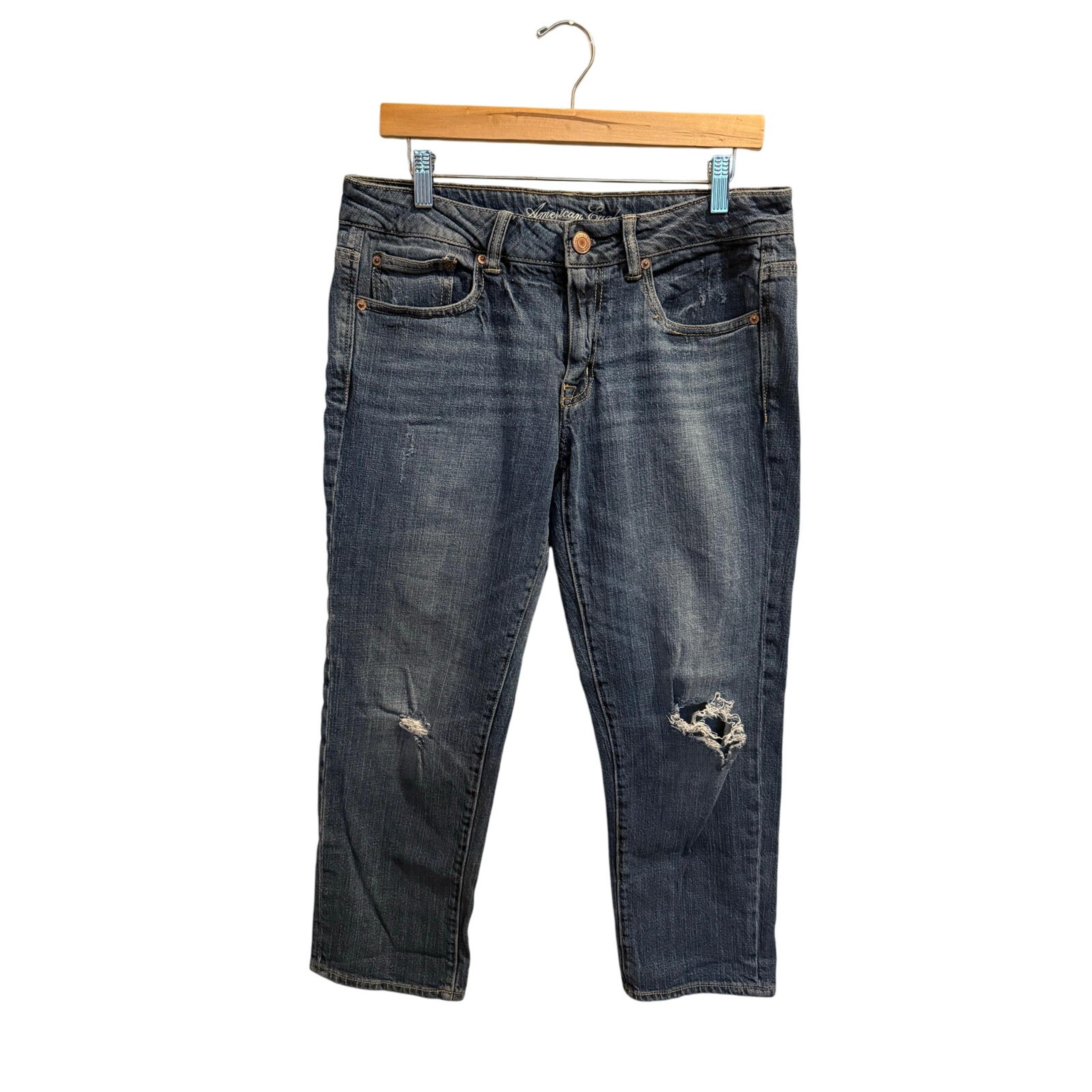 American Eagle Boy Fit Cropped Denim Jeans Women’s Size 8 Medium Wash Distressed