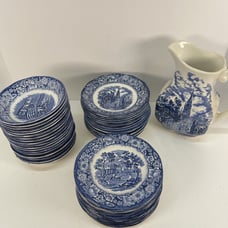 44 Piece Staffordshire Liberty Blue Plate Set - Desert Bowl 5”, Dessert Plate 6”