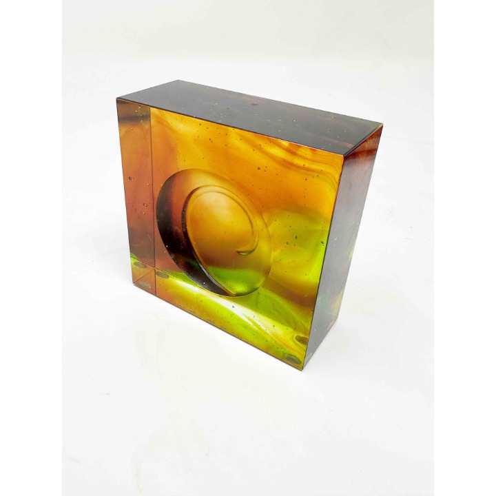Liuligongfang Paperweight Chinese Art Glass 2004 Amber Green Abstract Square