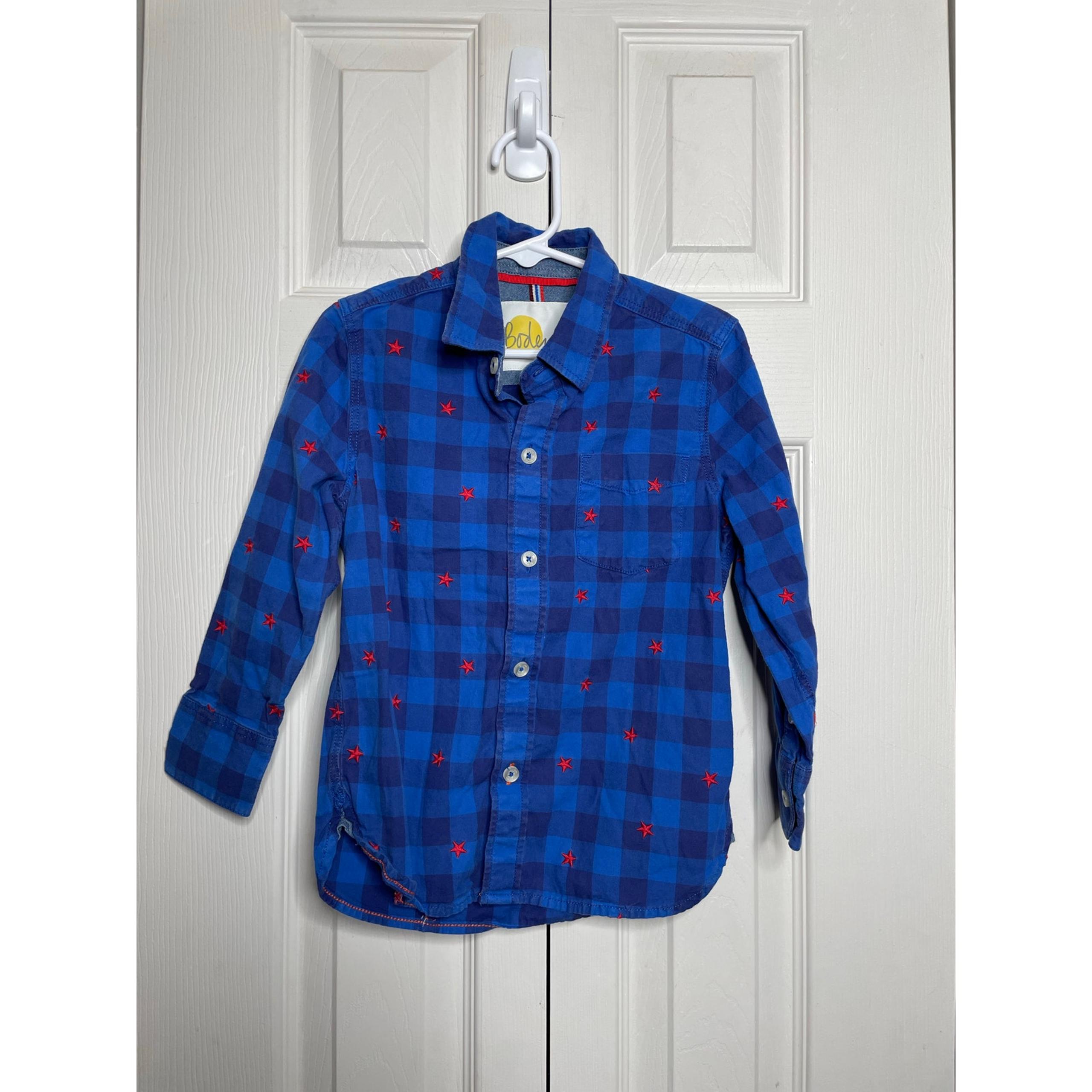 Mini Boden Western USA Stars Blue Plaid Button Down Shirt Boys Size 4-5 Youth