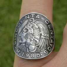 Ring 1980 Aztec Warrior Mexican centavos coin sterling silver band
