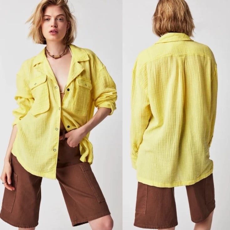 NWT Free People Izzy Cargo Gauze Button Down Shirt Yellow