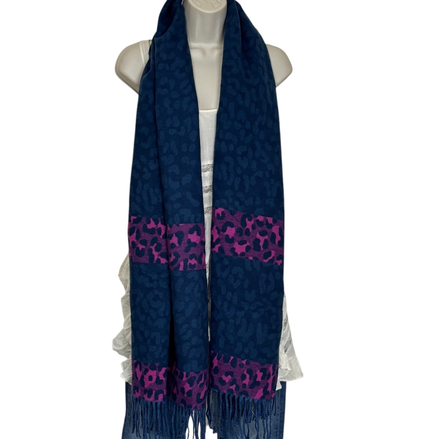 Anna & Ava Animal Print Fringed Oblong Scarf Wrap Navy and Pink NEW