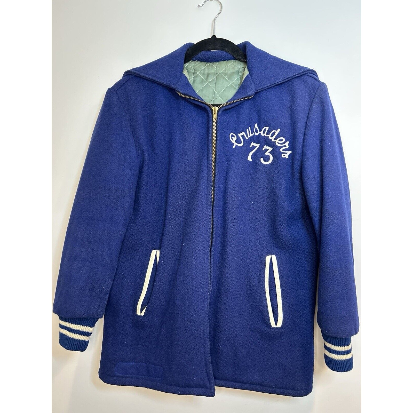 Vintage Letterman Varsity Athletic Jacket. Central Crusaders 73. Blue. Size Sm
