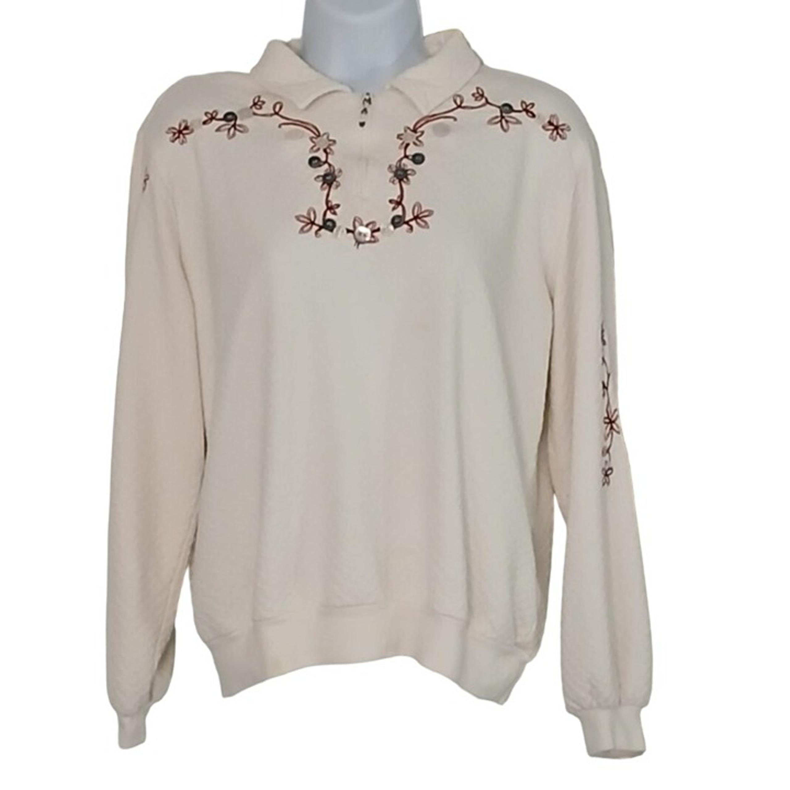 Vintage 90s Large Teddi White Red Floral Embroider Pullover Sweatshirt Collar