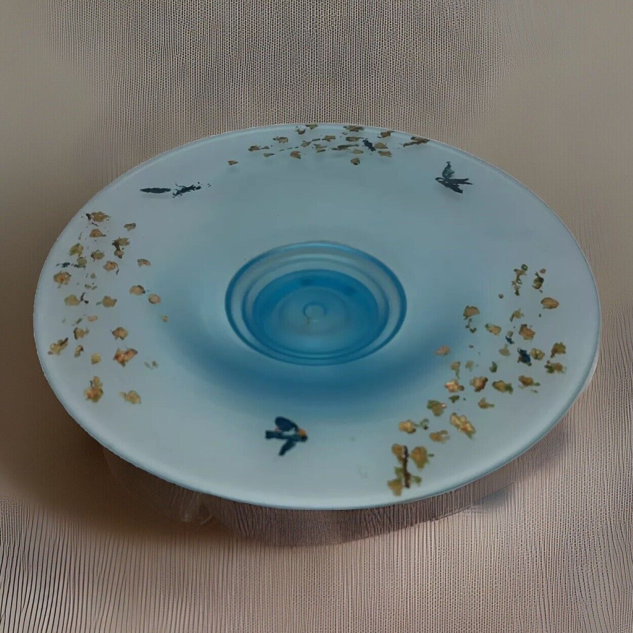TIFFIN Blue Frosted Satin Glass Hand Painted Birds 11in Round Bowl Platter Stand