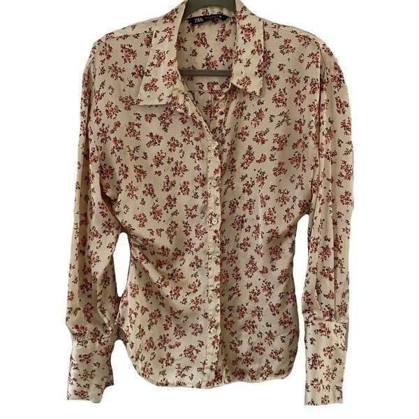 Zara Satin Gathered Waist Cream Floral Button Front Shirt Blouse Top Small