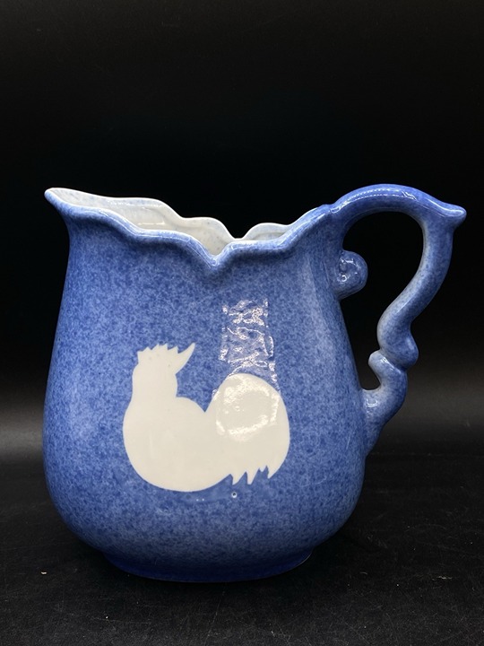 Rooster 6.5” Pitcher Calico Crown China Blue Sponge Ware Farmhouse Decor Vintage