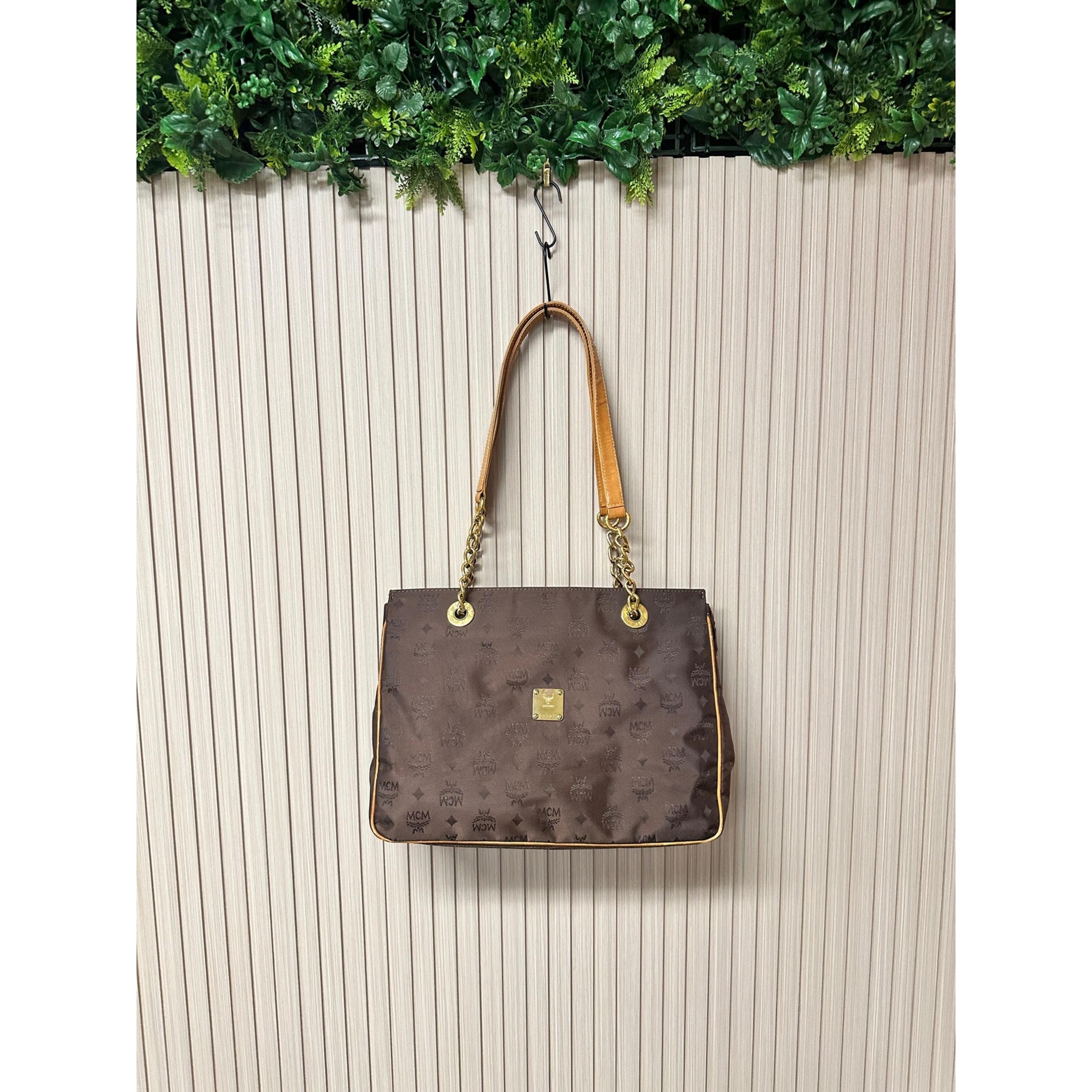 MCM Visetos Nylon Leather Logo Shoulder Tote Bag Brown Large Chain Straps