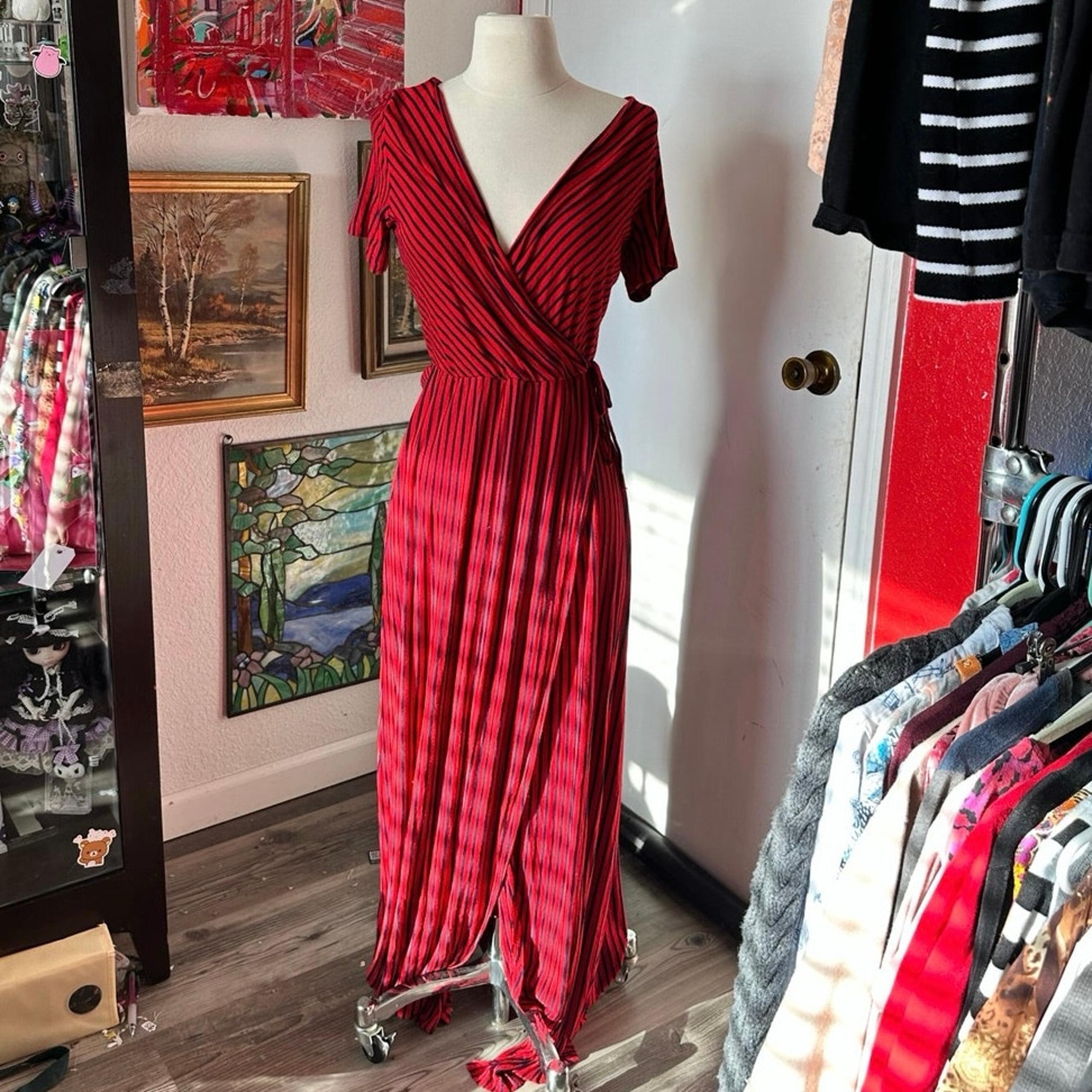 popular basics red and black striped maxi dress