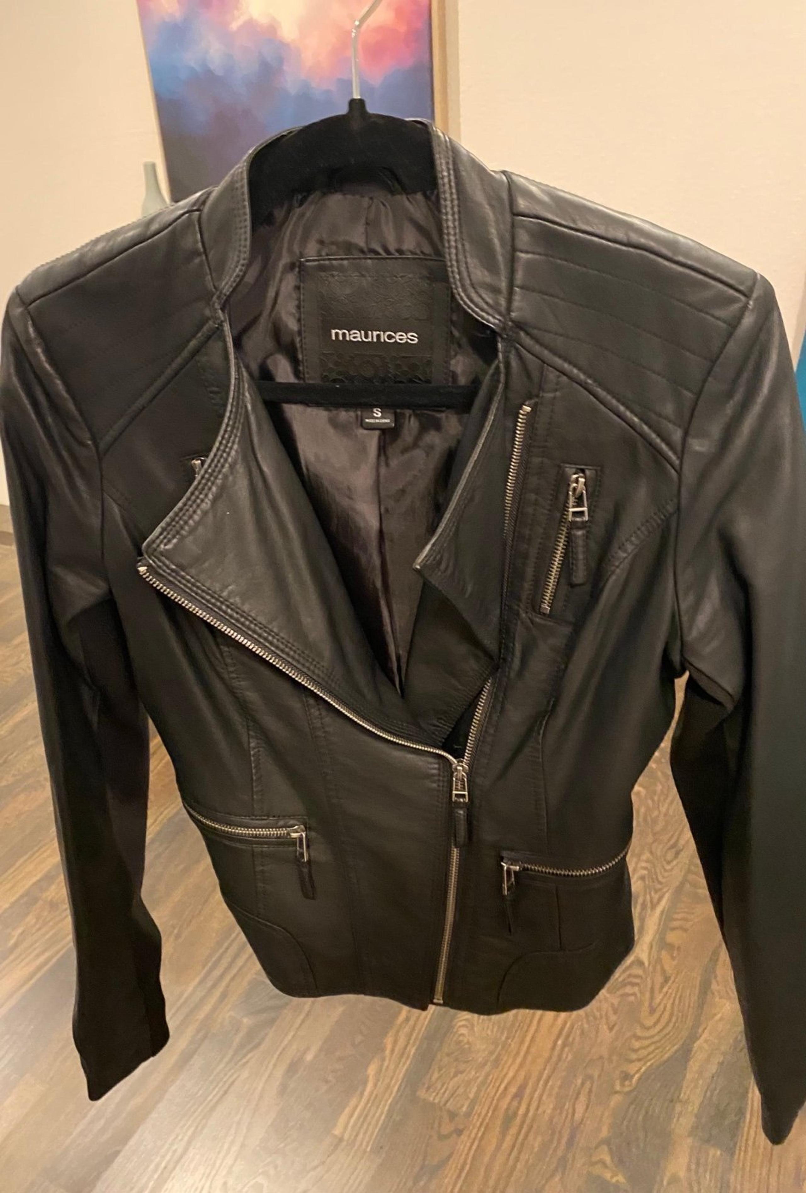 Faux black leather moto jacket with soft scloth sleeves on back size S - Maurices