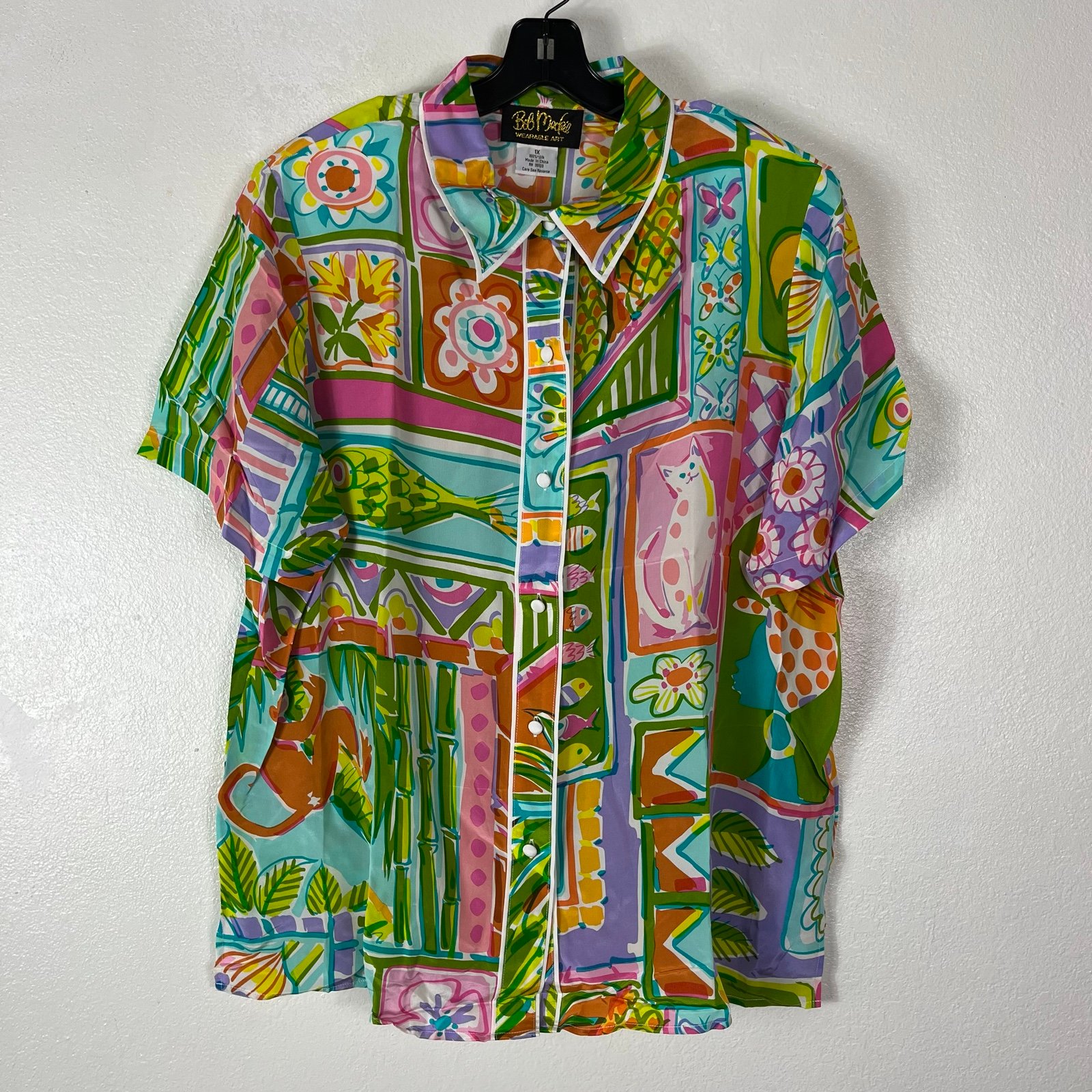Bob Mackie Wearable Art Multicolor Silk Button Down Shirt Women’s 1X