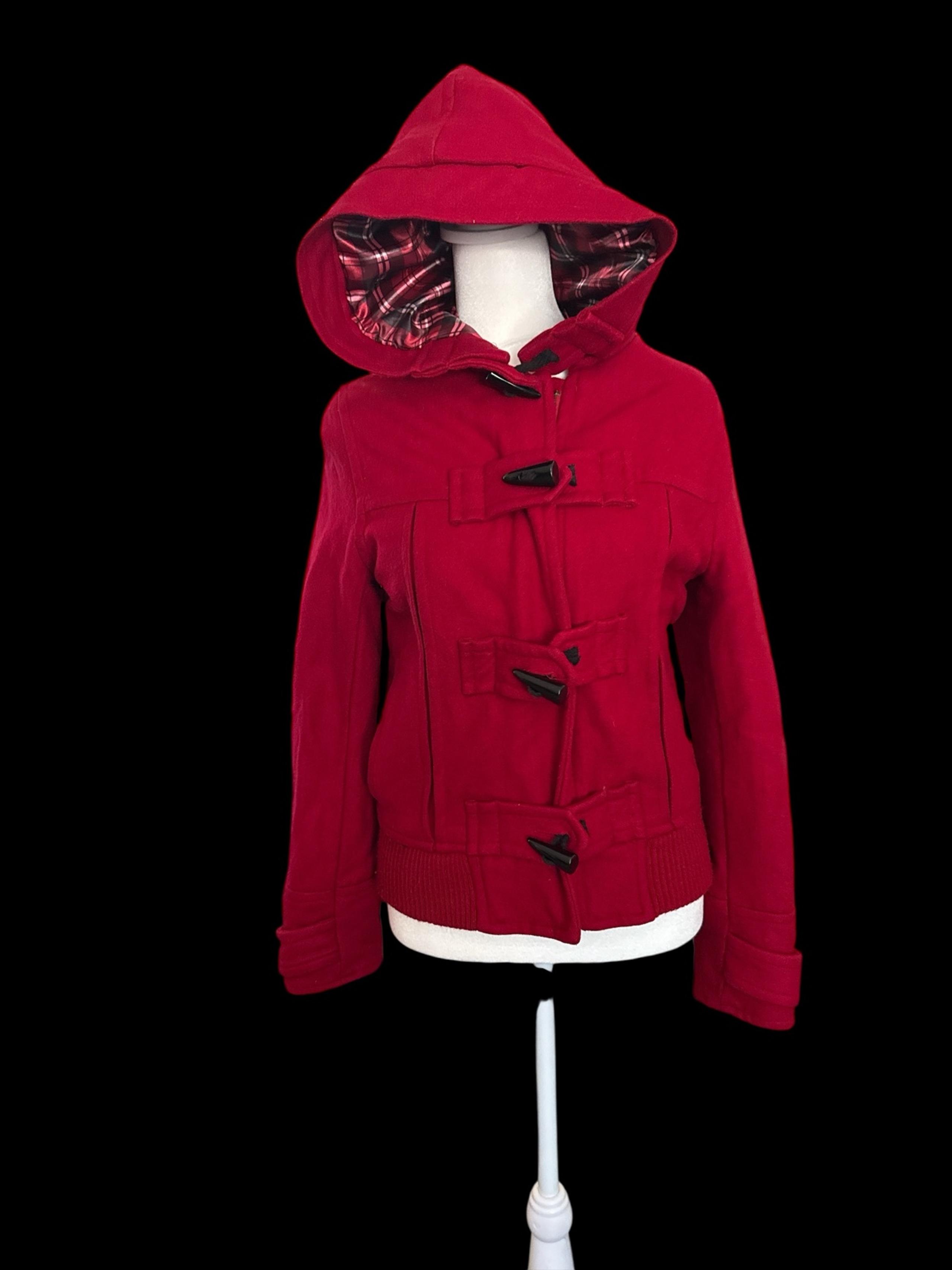 Forever 21 Red Toggle Button Hooded Jacket Women’s Size Small | Plaid Lined Coat