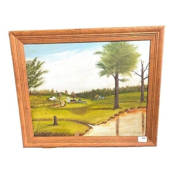 Vintage Handpainted Country Farm House Lake Landscape Scene Measuring 19” X 23”