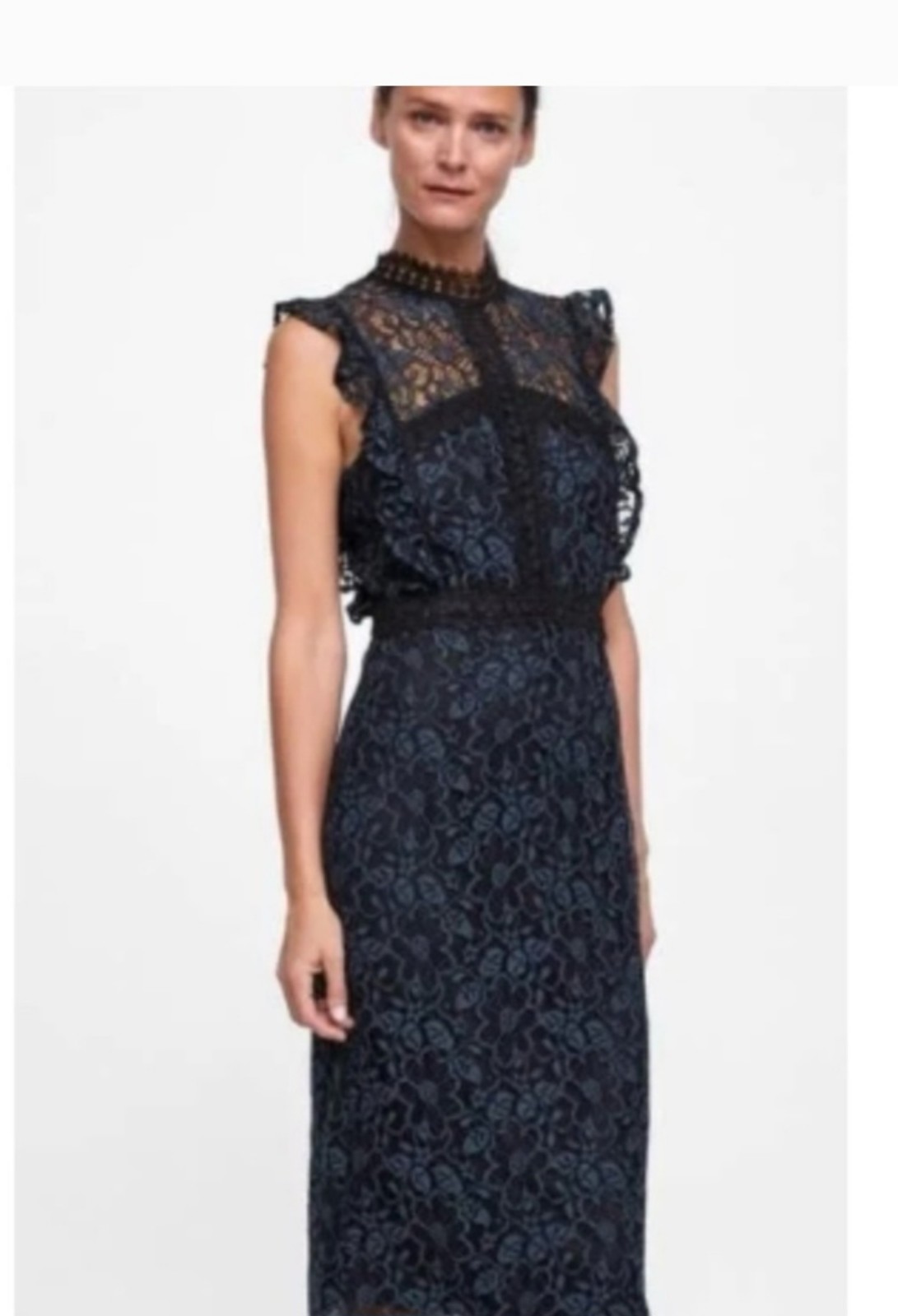 Zara Teal Guipure Lace Crochet Midi Cocktail Dress Sz XS