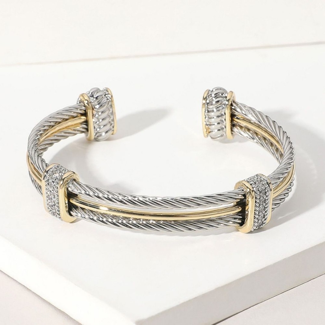 最終値下げ Bar Multi Tone Two CZ Double Bracelet Cuff Cable Rope Twist アクセサリー