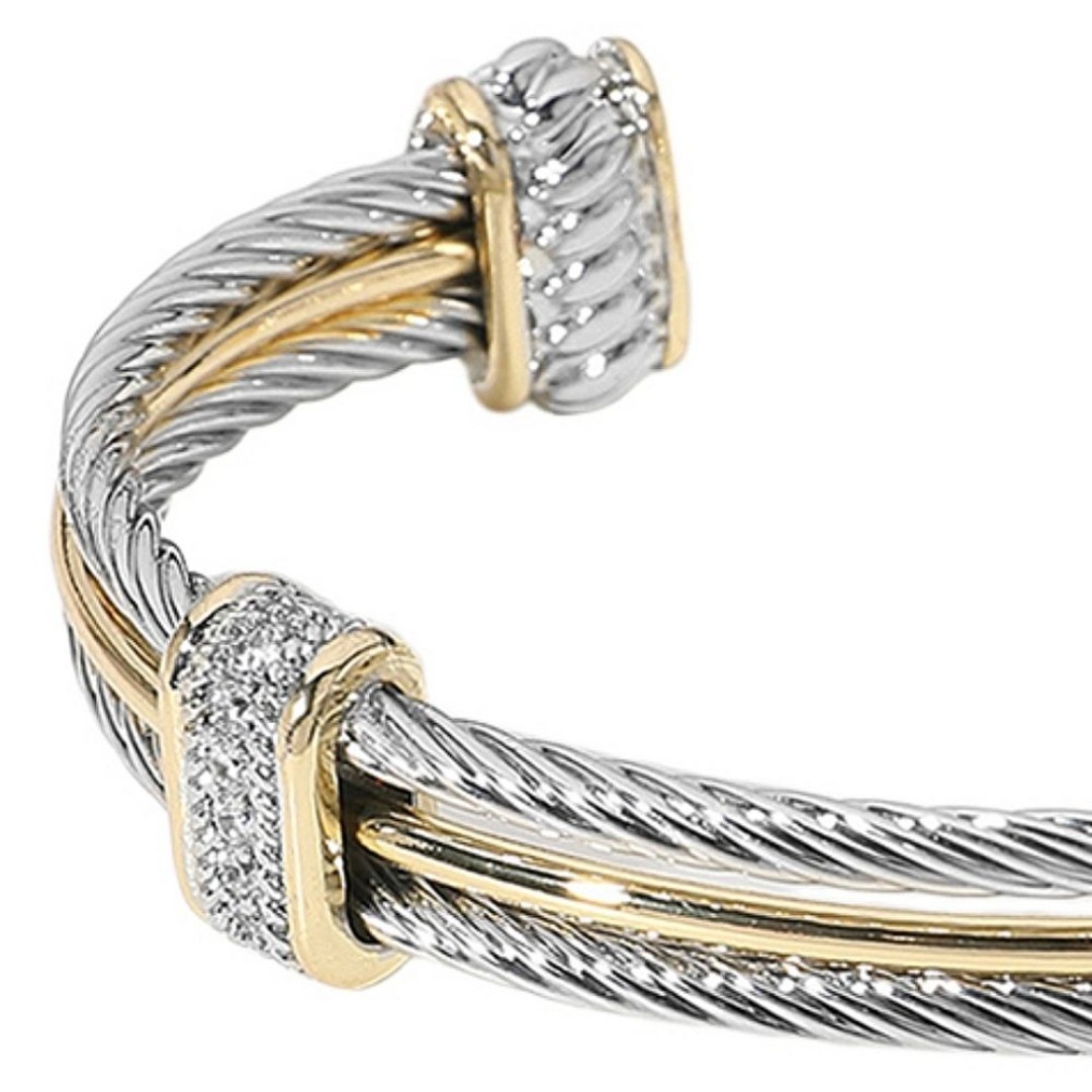 CZ Two Tone Multi Bar Double Twist Rope Cable Cuff Bracelet
