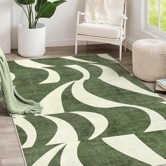 NEW Abstract 5x7 Rug,Low-Pile Soft Green Rugs for Living Room