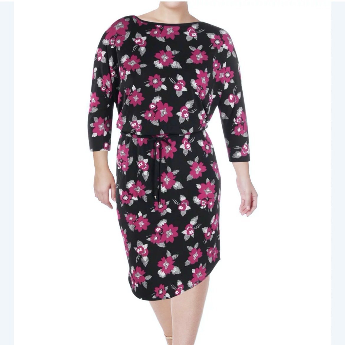 NWT Ralph Lauren Purple Black Floral Tie Waist 3/4 Sleeve Stretch Dress Size 1X