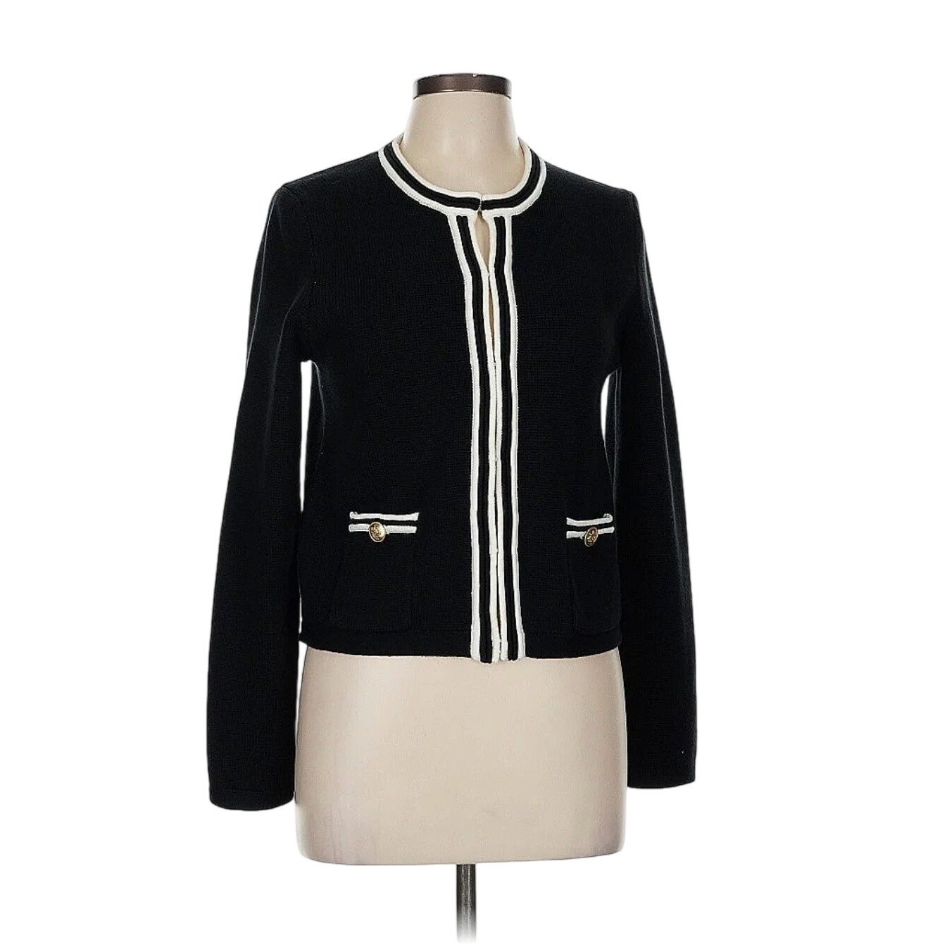 J.Crew Emilie Sweater Lady Jacket M Contrast Trim Black Ivory Gold Button BX470