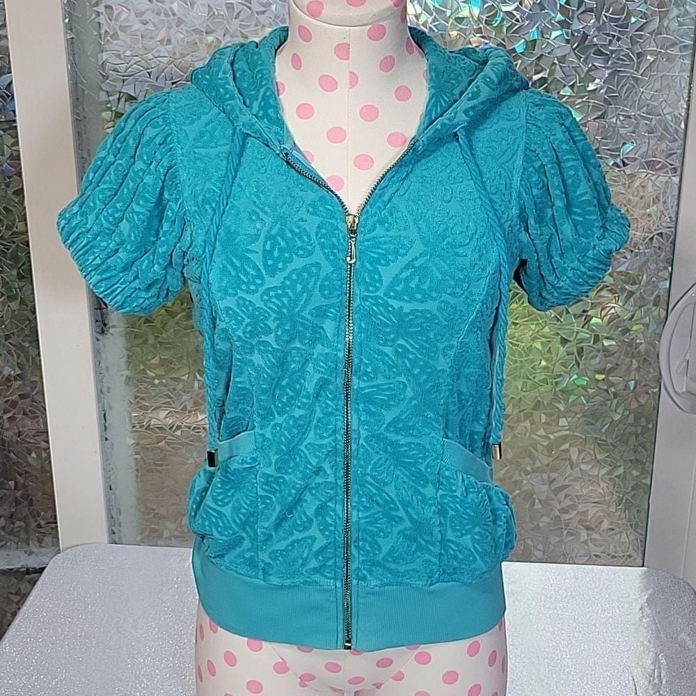Y2k Vintage Juicy Couture Butterfly Monogram Blue Terry Cloth Short Sleeve SZ:M