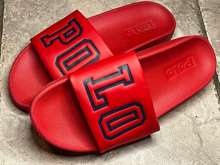 Polo Ralph Lauren Red polo Spell out Cayson Slides Sandals US size 9