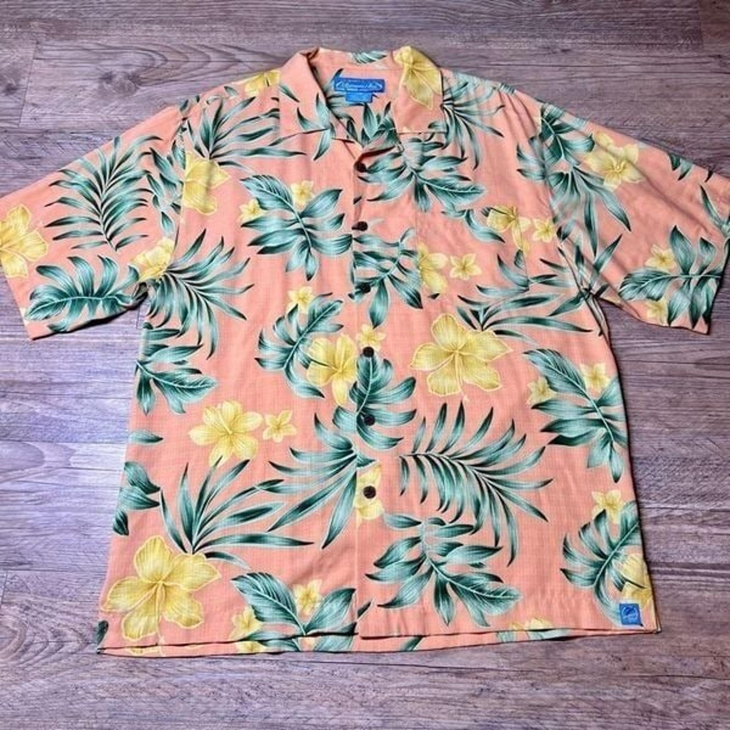 Bermuda Bay Men's Orange Green Yellow Hawaiian Floral Silk Button Up Shirt Large