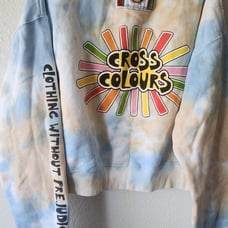 CROSS COLOURS Crop Sweatshirt Women's XS Sky Blue/Sand Cloud Tie Dye Long Sleeve