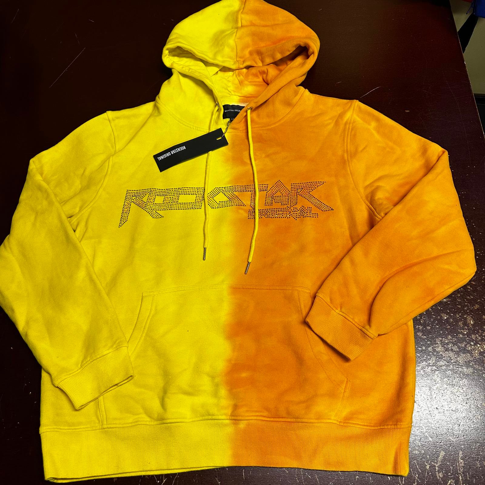 Rockstar, yellow orange tie-dye mens pull over hoodie XL