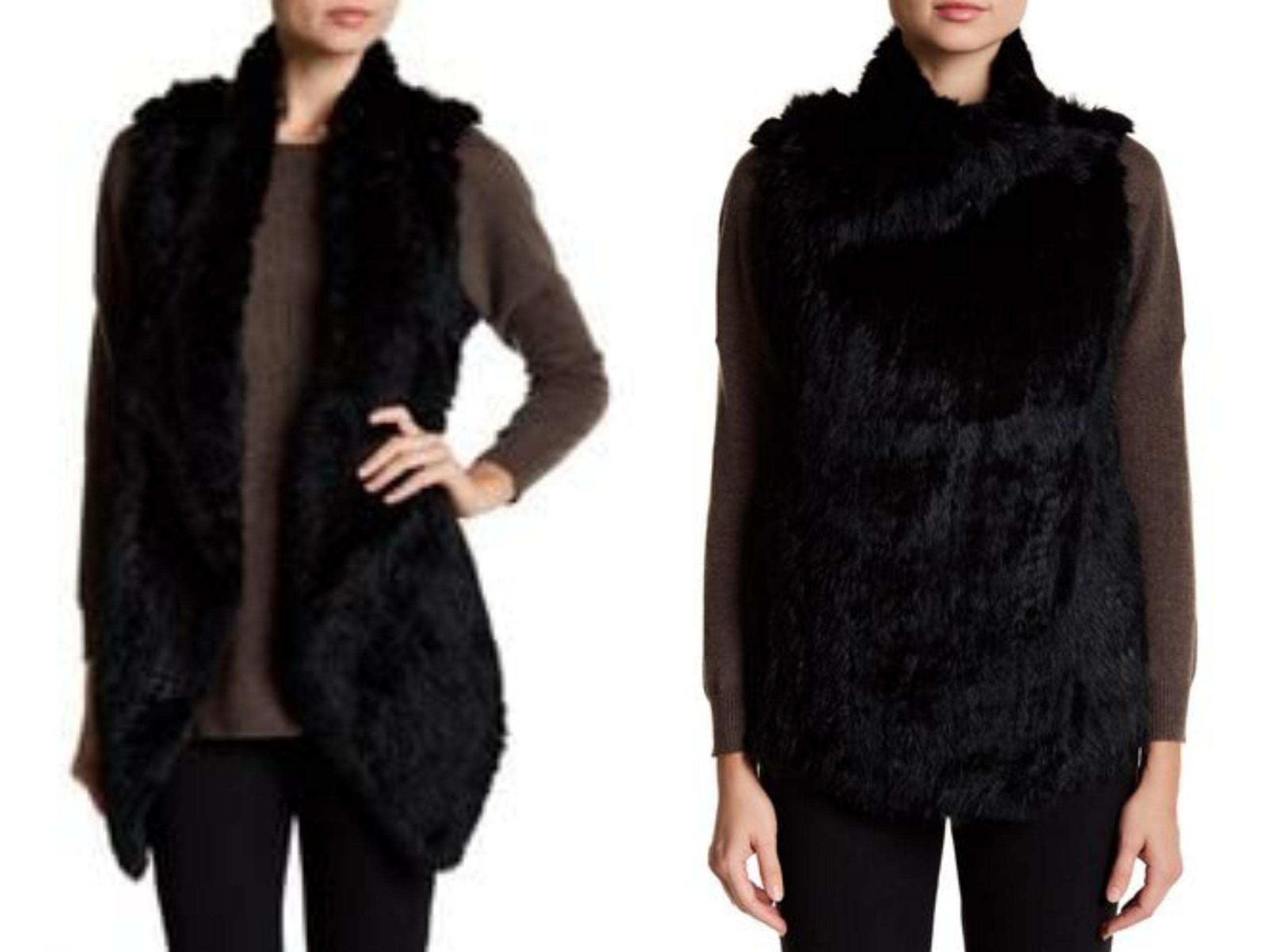 CATHERINE MALANDRINO 2-Way Vest Long Drape Genuine Rabbit Fur Black Women's Med.