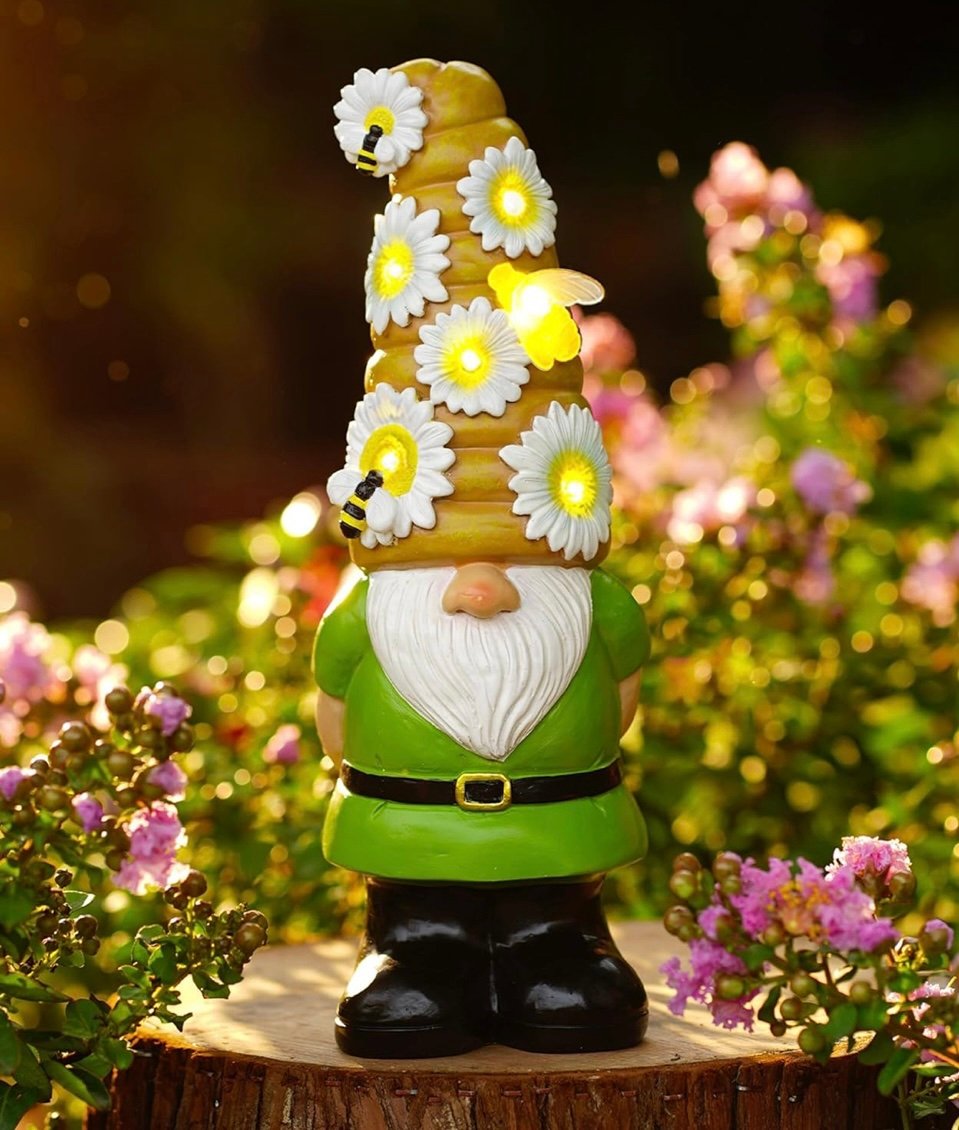 Solar Garden Statues Gnome Figurine Bee for Outdoor Patio Balcony Lawn Yard NIB