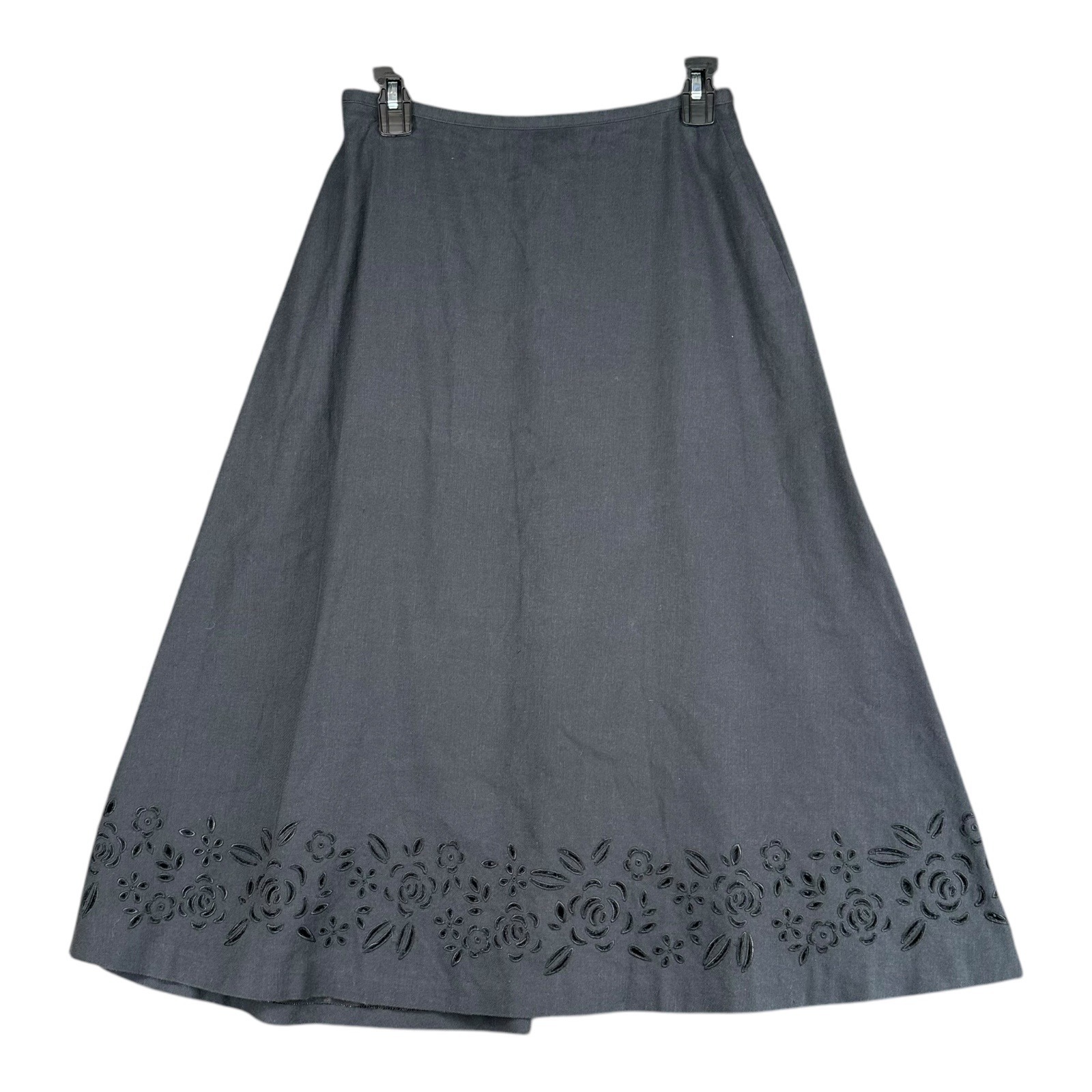 Talbots Petites 8 Black Irish Linen Blend Skirt Midi Floral Cut Out Whimsigoth