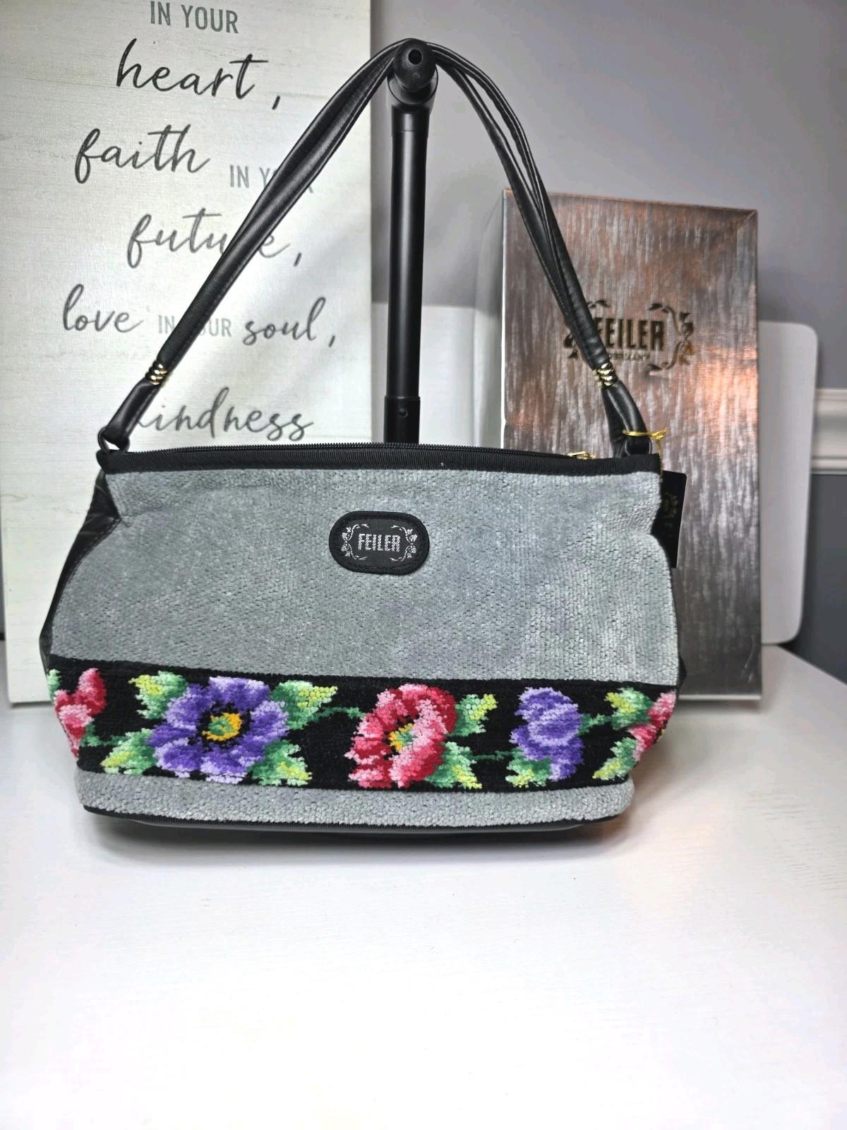Authentic FEILER Handbag Anemone Mini Bag Chenille Cotton Gray Black