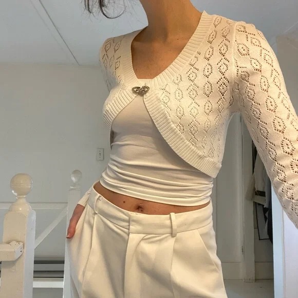 Roberto Cavalli Vintage Y2K Pointelle Knit Cropped Cardigan Shrug White