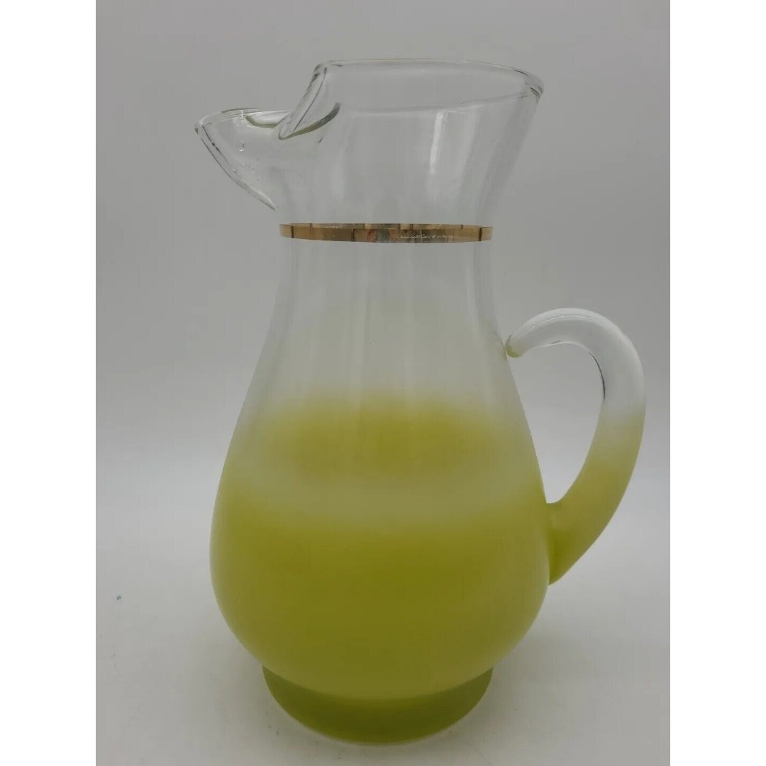 Pitcher Blendo Vintage Retro Frosted Yellow Green Glass Gold Trim MCM