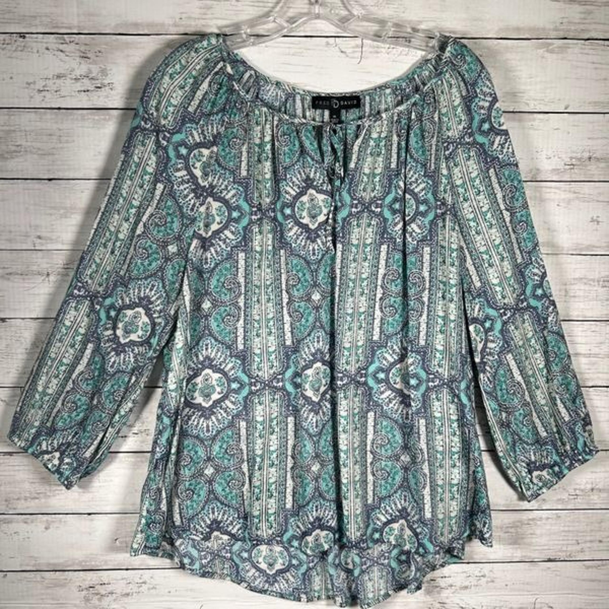 Fred David Crinkled Turquoise Blue Boho Peasant Gathered Tie Front Blouse XL