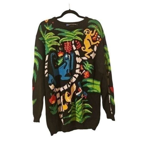 IB DIFFUSION 90s Jungle Monkeys Tropical Embroidered Sweater - Size L